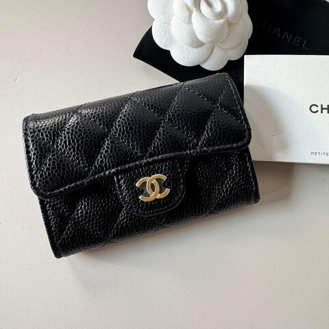 【翰貝格名牌館】CHANEL 黑色 荔枝 牛皮 金色 雙C 翻蓋 卡片夾 名片夾 零錢包 AP0214