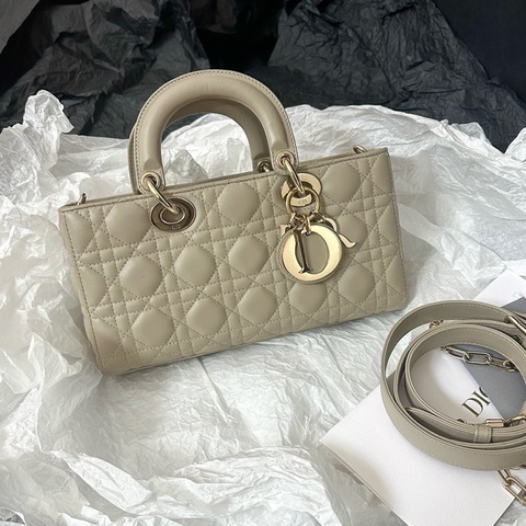 Dior迪奧 橫版戴妃中號 手提包斜挎包單肩包 灰褐色，