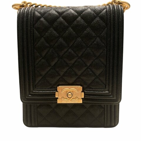 CHANEL 香奈兒 BOY CHANEL VERTICAL FLAP BAG 黑色 荔枝皮 金釦