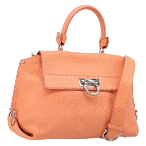 Salvatore Ferragamo Sofia Gancini 皮革雙肩包 橘色/銀色 正品 199221V