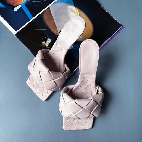 39.5號 ::Bottega Veneta:: BV 淡薰衣草紫 編織高跟拖鞋 涼鞋 Quilted Pattern Leather Slides