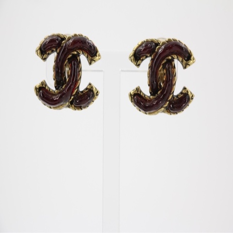 Chanel Vintage 00A 琉璃樹脂棗紅色金屬CC耳環