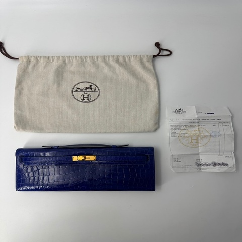 Hermès Kelly Cut Crocodile Niloticus Lisse 7T Bleu Électrique with GHW T Stamp