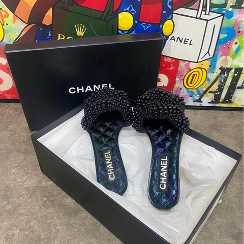 香奈兒 Chanel 黑色珍珠 蝴蝶結拖鞋 35.5碼