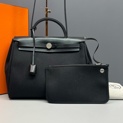 Hermes愛馬仕 黑色帆布拼皮herbag31手提斜挎包 U刻