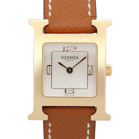 愛馬仕 H-Watch 白色貝殼腕錶，鍍金皮錶帶，女士款，(HH1.202c)