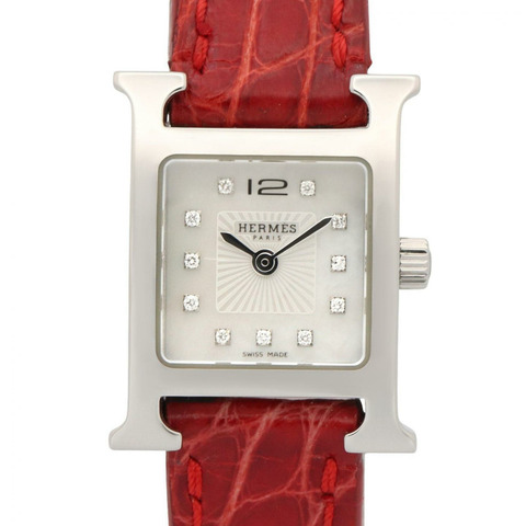 愛馬仕 H-Watch Mini 白色貝殼腕錶，不鏽鋼錶殼，鑲鑽，皮革錶帶，女士款，(HH1.110)