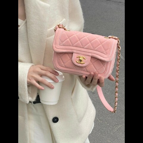 Chanel  粉色 絲絨 CF方胖子 口蓋包 晶片款