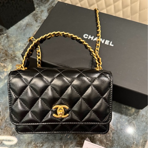 Chanel 編織手柄 黑色油蠟羊皮 金扣手提鏈條包 晶片款 台灣專櫃