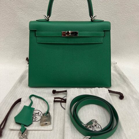 愛馬仕 Hermès Kelly 25 凱莉包 U4絲絨綠 Epsom皮 銀扣 C刻