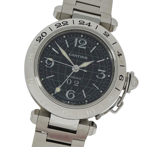 卡地亞 Pasha C Meridian GMT 日期自動腕錶，男童款，不鏽鋼 (SS) W31049M7，銀色和黑色