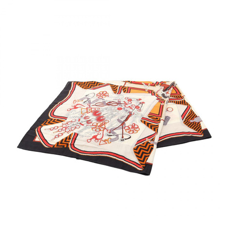 愛馬仕 Carre 140 Bouquets Sellier 絲巾，黑色米色真絲羊絨混紡，二手女款