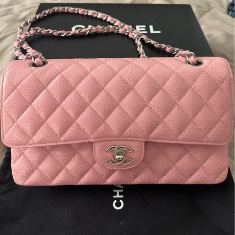 全配Chanel 中古香奈兒cf25 淡粉色銀扣 荔枝牛皮