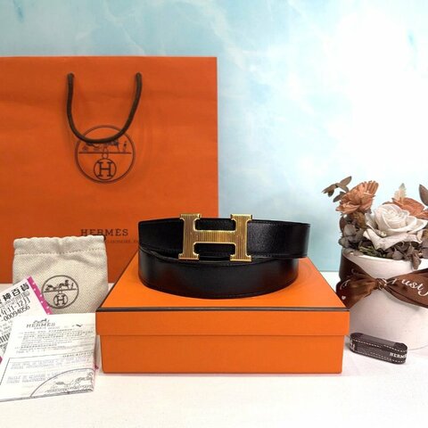 HERMES H Strie條紋金扣雙面皮帶