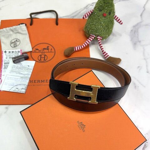 HERMES Strie條紋金扣雙面皮革皮帶