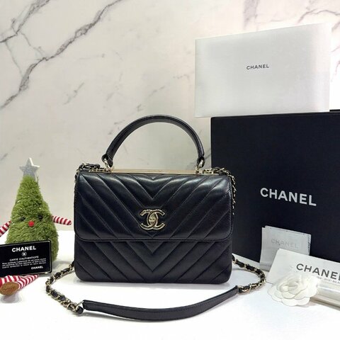CHANEL Trendy CC黑金V紋手提口蓋包
