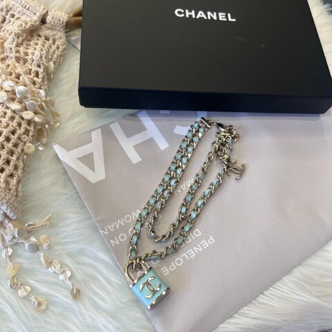 CHANEL 鎖頭皮穿鏈項鍊藍金