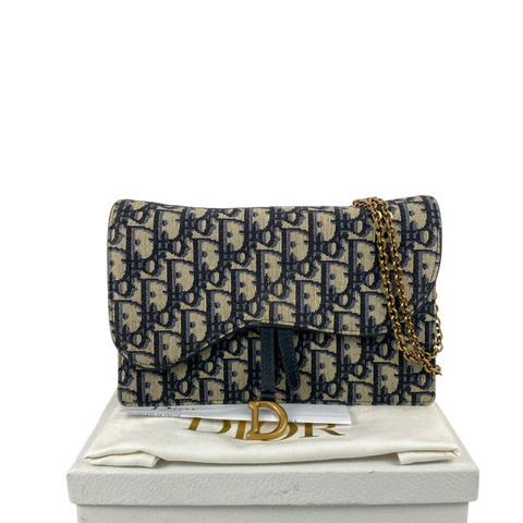 △ DIOR 迪奧 Navy And Beige Canvas Oblique Saddle Shoulder Bag 深藍色和淺褐色帆布肩背包-267017273