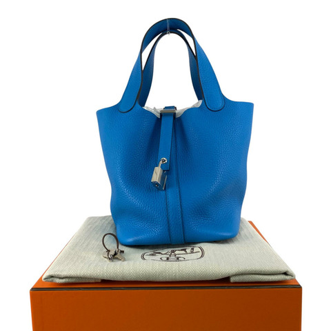 △ HERMES 愛馬仕 Blue Clemence Calfskin Palladium Plated Metal Picotin 18 Stamp A Handbag 藍色粒紋小牛皮鍍鈀金屬A刻手挽袋-267017293