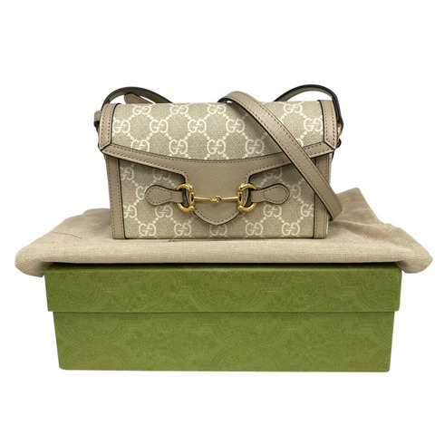 ☆ GUCCI 古馳 Beige Coated Canvas GG Supreme Horsebit 1955 Shoulder Bag 米色塗層帆布肩背包 699296-267017827