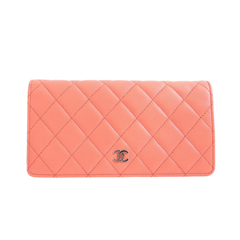 CHANEL 香奈兒 長夾 粉橘色 荔枝紋羊皮 銀釦 A31509