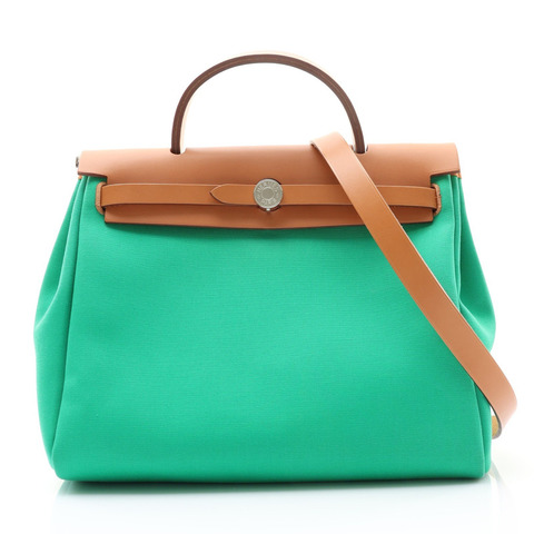 HERMES 愛馬仕 Herbag Zip 31 兩用包 薄荷綠/阿茲特克藍色 帆布 Vache Hunter牛皮 Z刻 銀扣