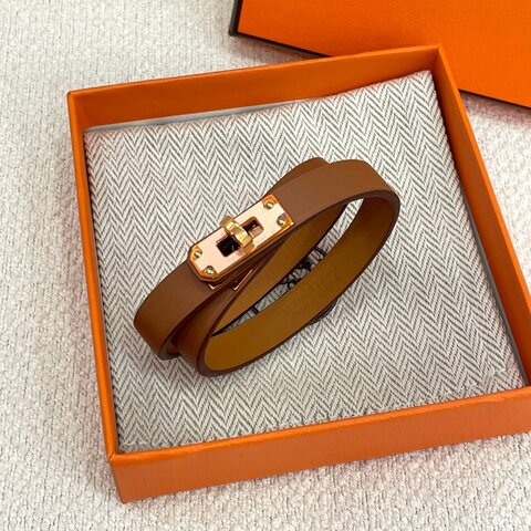愛馬仕 Hermès Kelly 雙圈皮手環 T2 金棕色 Swift皮 玫瑰金扣 閒置全新 U刻