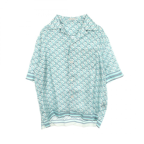 Christian Dior Oblique Pixel 短袖襯衫 #40 絲綢 白色 藍色 二手 男款