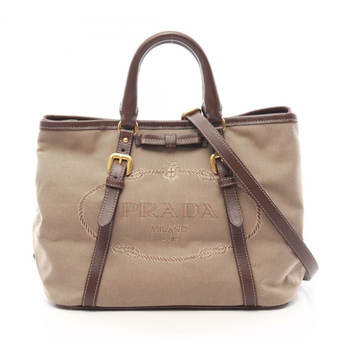 PRADA LOGO JACQUARD 斜背單肩手提包 帆布皮革 米色 棕色 二手