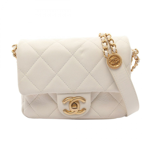 香奈兒 (CHANEL) 絎縫迷你翻蓋鏈條肩背斜背包 AS3368 白色皮革 金色五金