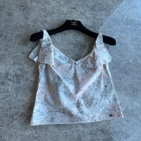 Chanel 彩绘山茶花荷叶边无袖真丝上衣fr36~~