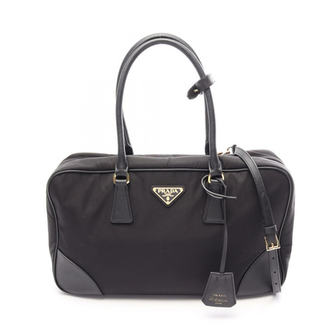 PRADA 1978 復刻版中號兩用手提包 1BB114 尼龍 Saffiano 皮革 黑色 二手 女士