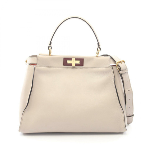 FENDI Peekaboo Regular 2WAY 手提包，米色皮革，二手女款