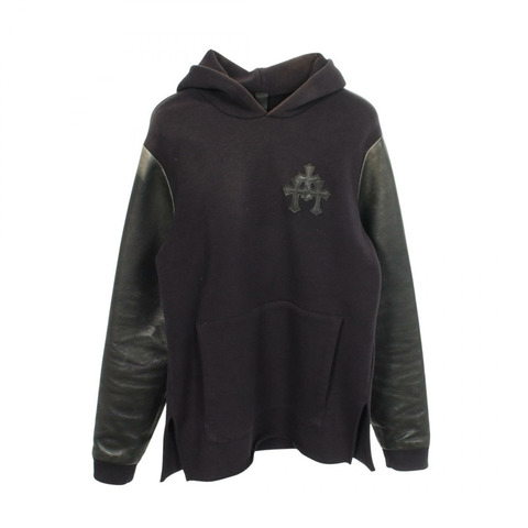 鉻心 (CHROME HEARTS) 墓地十字補丁皮革飾邊拉絨襯裡連帽衫，棉質皮革，黑色，二手男款