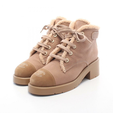 香奈兒 COCO 標誌繫帶 Boa 靴 G46034 皮革絨面革 米色 二手 女士