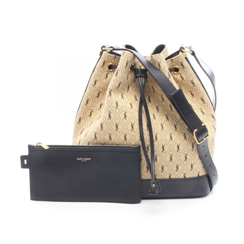 SAINT LAURENT PARIS Monogram 水桶包/肩背包 568606 PVC塗層帆布皮革 米色 黑色 二手 女士