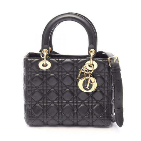 Dior LADY DIOR Christian Dior 中 Cannage 2WAY 手提包，黑色皮革，二手女款