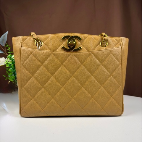 Chanel 香奈兒 中古貝嫂托特小號 鐳射3開無卡 米色金扣 荔枝牛皮  底長：28cm