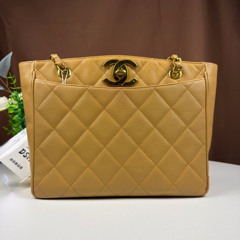 98新 Chanel/香奈兒 中古貝嫂托特小號 鐳射3開無卡 米色金扣 荔枝牛皮