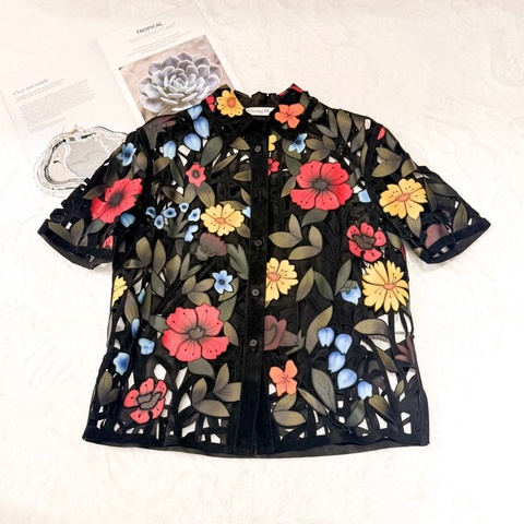Dior 彩色花卉鏤空皮革短袖上衣外套