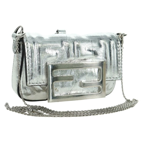 FENDI Zucca 帆布鏈條單肩包 Nano 水桶包 銀色 正品 171535M