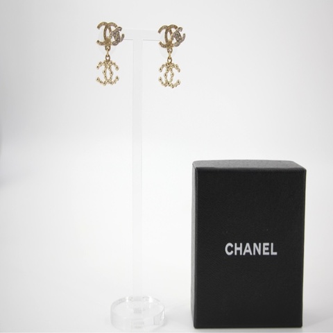 Chanel Vintage 10A 水鑽金屬三個CC淡金耳環
