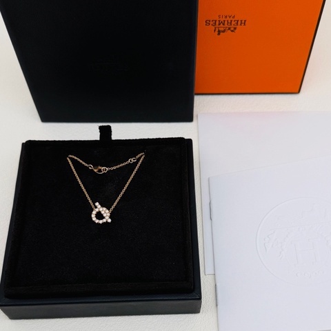🌷帶保卡！Hermes 愛馬仕 Finesse 小Q 滿鑽 玫瑰金 項鍊