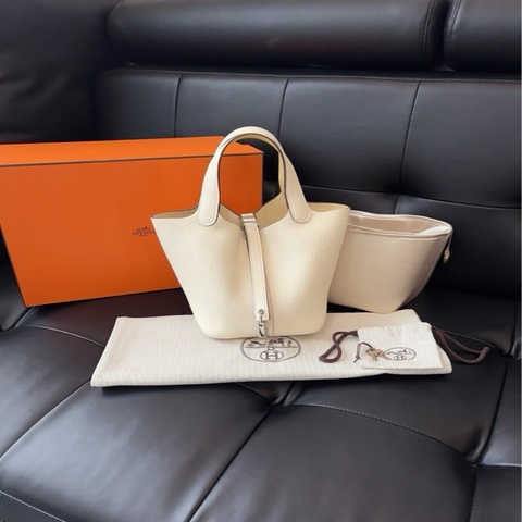 Hermes 愛馬仕 piction 奶油白 手柄內拼小雞黃銀扣 菜籃子