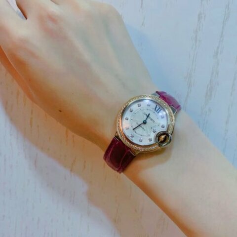 CARTIER 經典 藍氣球 間金 原鑲鑽 33MM 機械  鱷魚錶帶