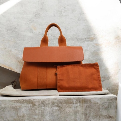 「JL精品代購」9新 Hermes 愛馬仕橘色帆布拼皮蘑菇包