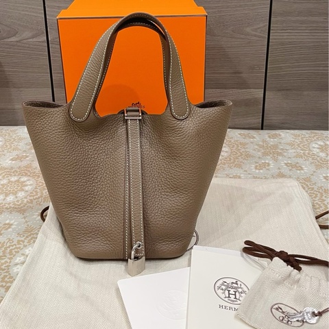 Hermes 🇫🇷愛馬仕經典菜籃子/大象灰銀扣18cm