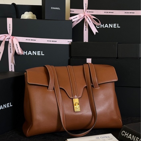 賽琳/Celine 焦糖色金扣中號牛皮Soft 16單肩手提包 20年票 32cm