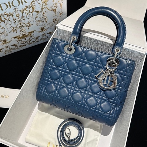 DIOR迪奧Lady Dior藍色羊皮銀扣五格戴妃手提單肩斜挎包 14年編碼