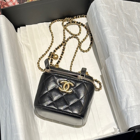 Chanel香奈兒 經典黑金牛皮雙金珠小盒子化妝包鏈條包 31開